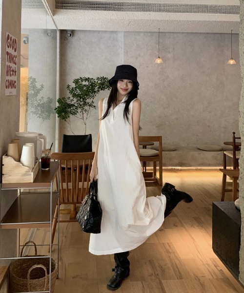 Aelina シャツワンピース ポロカラーノースリーブワンピース