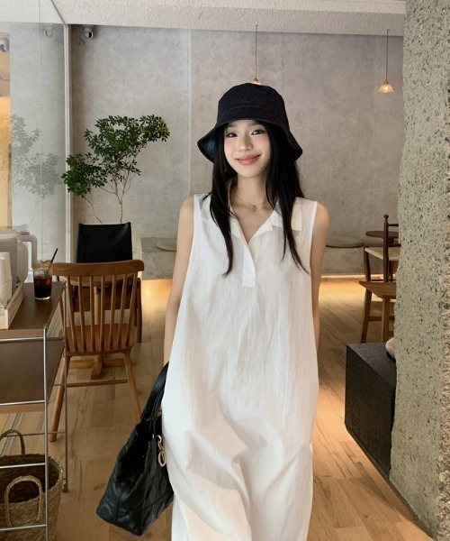 Aelina シャツワンピース ポロカラーノースリーブワンピース