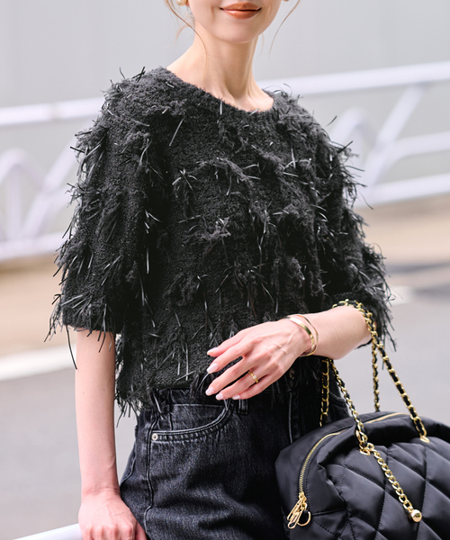 SLOBE IENA フリンジニットプルオーバー 白 Tシャツ SLOBE IENA（スローブイエナ） ニット セーター ハーフスリーブ
