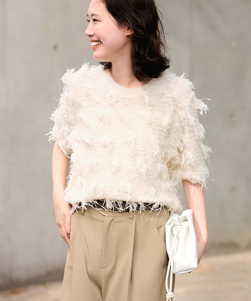SLOBE IENA フリンジニットプルオーバー 白 Tシャツ SLOBE IENA（スローブイエナ） ニット セーター ハーフスリーブ