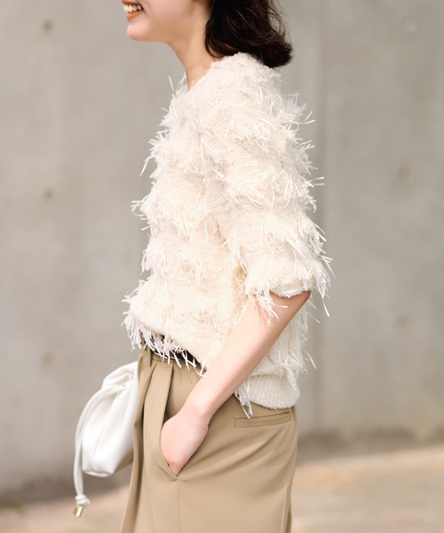 SLOBE IENA フリンジニットプルオーバー 白 Tシャツ SLOBE IENA（スローブイエナ） ニット セーター ハーフスリーブ