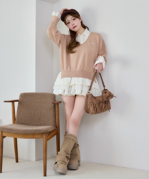 「one after another NICE CLAUP」 長袖ワンピース FREE グレー×サックスブルー レディース_画像3