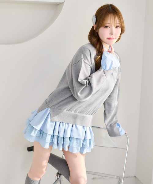 「one after another NICE CLAUP」 長袖ワンピース FREE グレー×サックスブルー レディース_画像4
