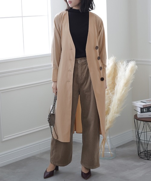 ElegChic ノーカラーコート コート ノーカラーIラインロングコート
