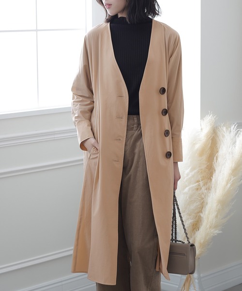 ElegChic ノーカラーコート コート ノーカラーIラインロングコート