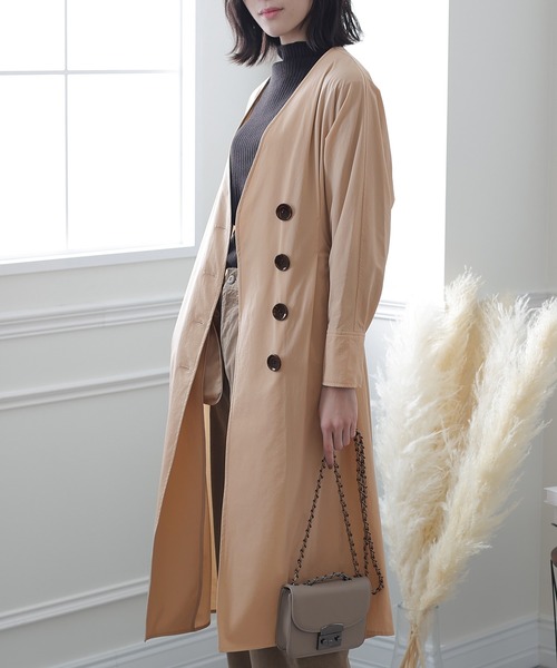 【新品未使用】ベージュ ロングコート ElegChic ノーカラーコート コート ノーカラー Iライン ロング コート