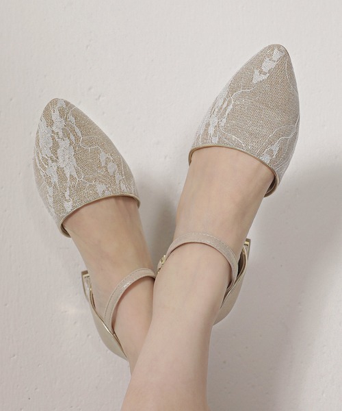 Kana パンプス チャンキーヒール レース ラメ パーティー パンプス