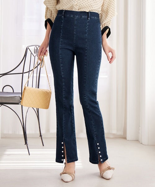 NOBLE✨ノーブル ストレッチフロントスリットパンツ　ブラック　36 ウォッシャブルファンクショナルジョーゼットフロントスリット