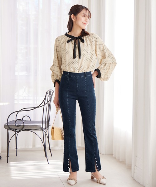 alotta パンツ フロントスリットパール調ストレッチパンツ