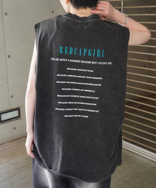 刺繍Tシャツ 3D刺繍 Tシャツ ビッグシルエット タンクトップ ノースリーブ T-shirts コットン グリーン 【DIVAオリジナルプリント】 RED CAP GIRL タンクトップ 「RED GIRL」25SS レトロ