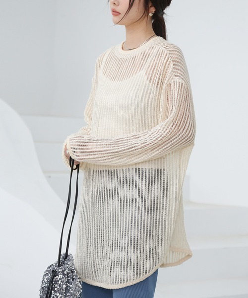 tシャツ シースルーメッシュロングトップス レディース