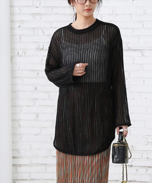 tシャツ シースルーメッシュロングトップス レディース