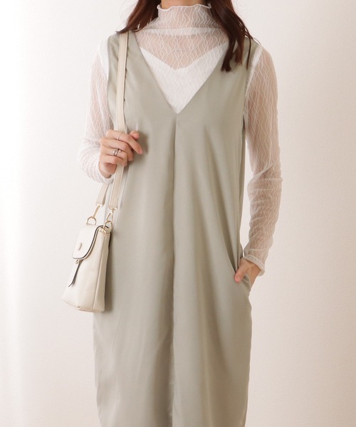 Lace Ladies ワンピース Vネック Iライン ノースリーブロング