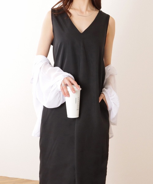 Lace Ladies ワンピース Vネック Iライン ノースリーブロング