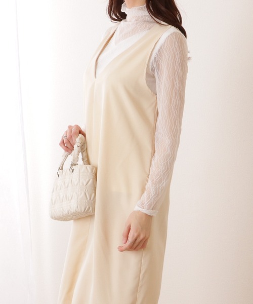 Lace Ladies ワンピース Vネック Iライン ノースリーブロング
