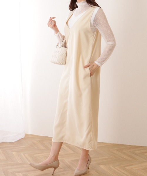 Lace Ladies ワンピース Vネック Iライン ノースリーブロング