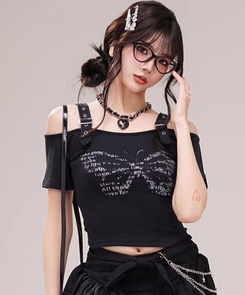 tシャツ A'GEM/9 × .kom「NOVESSEL/ノベセル」ベルト付きクロップTシャツ レディース