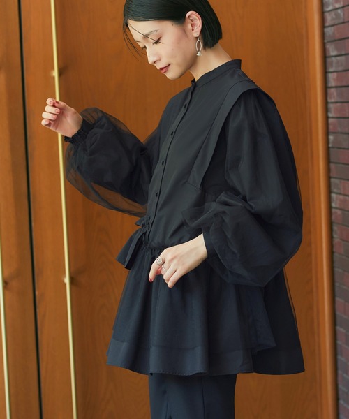 ブラウス シャツ ポリエステル レーヨン ペプラム ブラウス「手洗い可」 レディース RUIRUE BOUTIQUE ブラウス シャツ 洗える ｜ チュールMIX