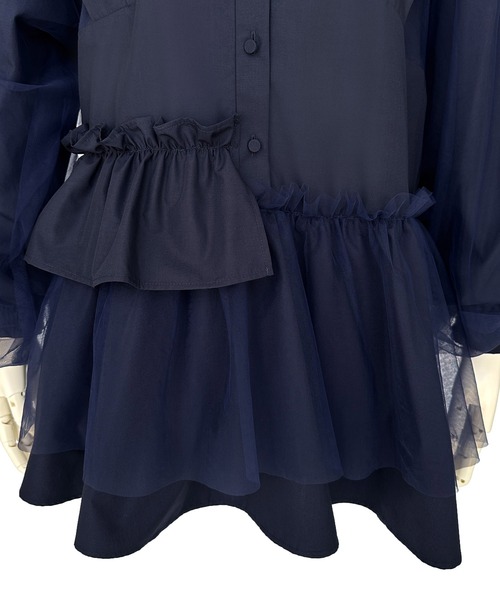 ルイルエブティック RUIRUE BOUTIQUE チュールMIXペプラムデザインシャツブラウス （ネイビー） RUIRUE BOUTIQUE ブラウス シャツ 洗える ｜ チュールMIX