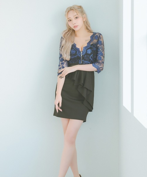 Tika ドレス キャバドレス 袖ありシアーフラワーバストジップ