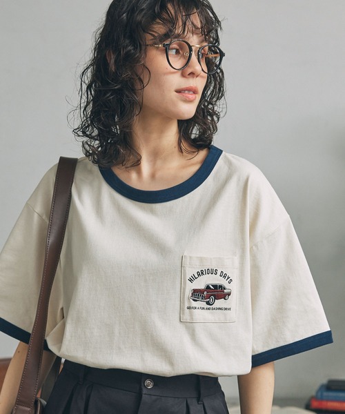 tシャツ CAR刺繍 ポケット付き リンガー 半袖Tシャツ レディース