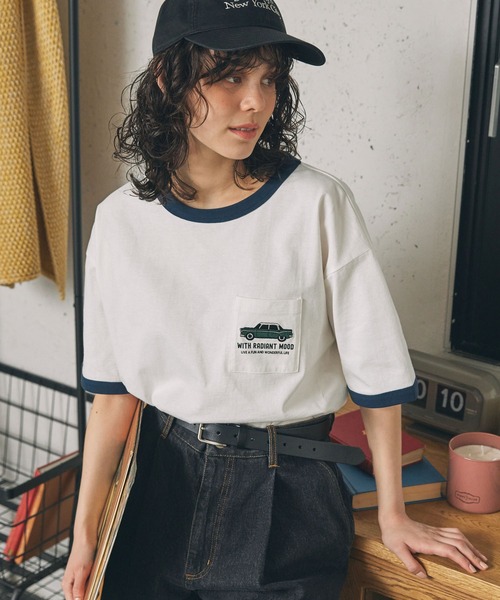 tシャツ CAR刺繍 ポケット付き リンガー 半袖Tシャツ レディース