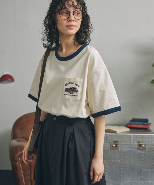 tシャツ CAR刺繍 ポケット付き リンガー 半袖Tシャツ レディース