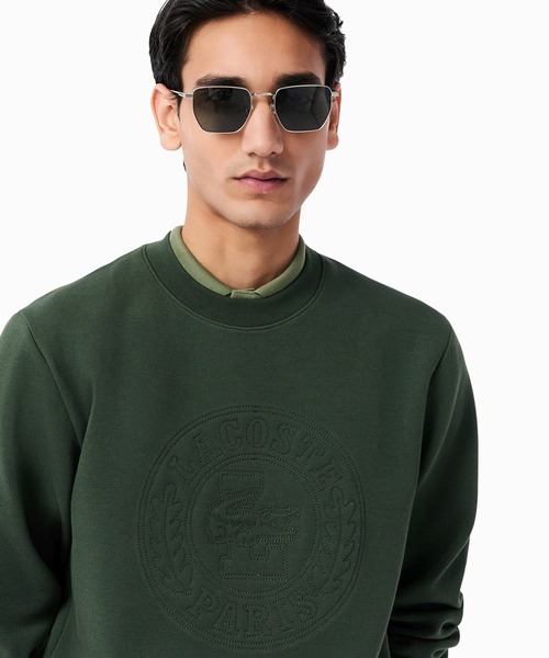 【ホワイト】トーン・オン・トーンローレルステッチダブルフェイスクルーネックスウェット LACOSTE｜トーン・オン・トーンローレルステッチダブルフェイスクルー