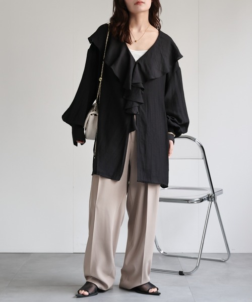 ビッグカラーブラウス シャツ ラッフルカラーシャツ フリル付き デザインシャツ wee9s ブラウス シャツ big collar frill blouse / 付け襟風