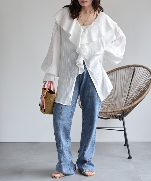 ビッグカラーブラウス シャツ ラッフルカラーシャツ フリル付き デザインシャツ classicalelf ブラウス シャツ 大人なシアー魅せ。ゆったり2way