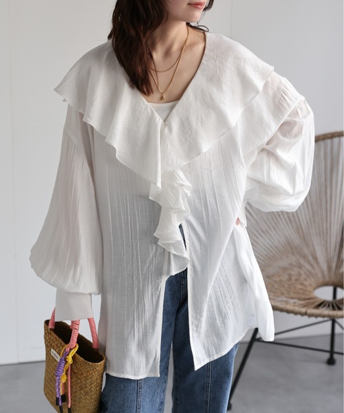 ラッフル フリルシャツ ブラウス AZUL BY MOUSSY | ラッフルフリル5分袖ブラウス (シャツ