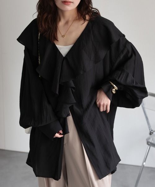 新品♡アンミヌ　フリルカラーシャツワンピース　ブラック 新品♡アンミヌ フリルカラーシャツワンピース ブラック