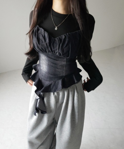 アンサンブル 「 ２点セット 」ヴィンテージデニムビスチェ ＆ レイヤードＴシャツセット ／ vintage denim bustier ＆ laye me+em select アンサンブル 「 2点セット 」ヴィンテージデニム
