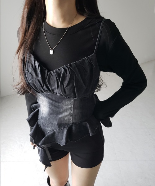 アンサンブル 「 ２点セット 」ヴィンテージデニムビスチェ ＆ 半袖レイヤードＴシャツセット ／ vintage denim bustier ＆ sh セール】【 2点セット 】ヴィンテージデニムビスチェ ＆ 半袖