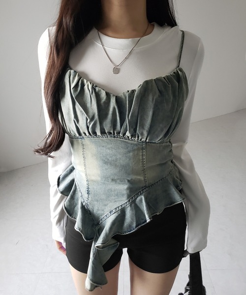 アンサンブル 「 ２点セット 」ヴィンテージデニムビスチェ ＆ 半袖レイヤードＴシャツセット ／ vintage denim bustier ＆ sh セール】【 2点セット 】ヴィンテージデニムビスチェ ＆ 半袖