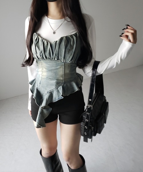 アンサンブル 「 ２点セット 」ヴィンテージデニムビスチェ ＆ レイヤードＴシャツセット ／ vintage denim bustier ＆ laye me+em select アンサンブル 「 2点セット 」ヴィンテージデニム