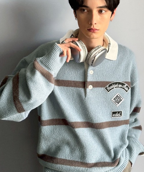 ネイビー リブ編み セーター ポケット付き、袖ワッペン ネイビー リブ編み セーター ポケット付き、袖ワッペン