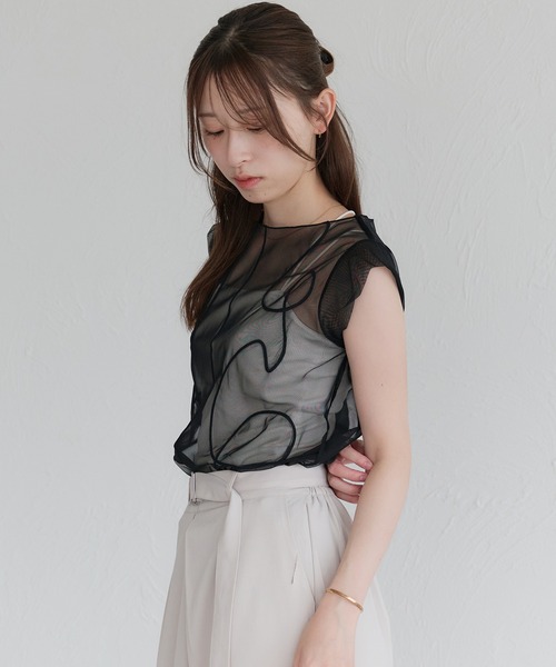 【美品】ソブ-Sov.-ノースリーブシアーカーディブラウス Sov. / デニムプリント シアーブラウス TOPS Night STORE | ダブル