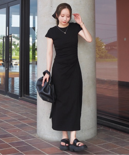 ワンピース 半袖 side gather cut long dress /サイドギャザー半袖