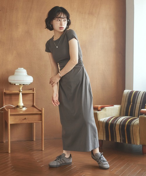 ワンピース side gather cut long dress /サイドギャザー半袖カット
