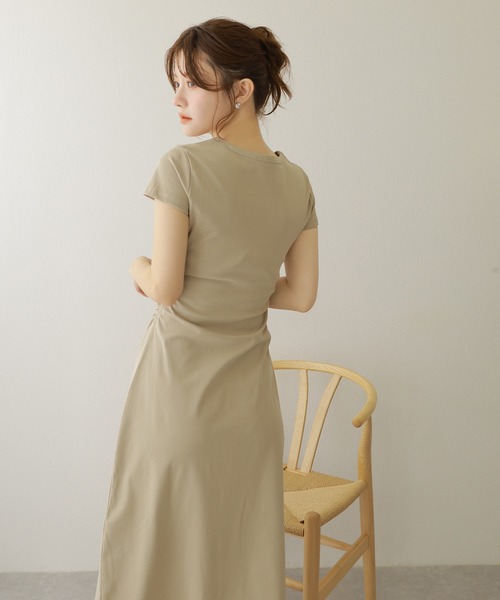 ワンピース side gather cut long dress /サイドギャザー半袖カット