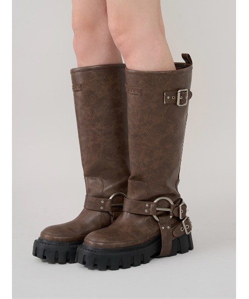 ダークブラウン ロングブーツ レザーとニット Darich ブーツ ハーネスレザーロングブーツ レディース : ZOZOTOWN