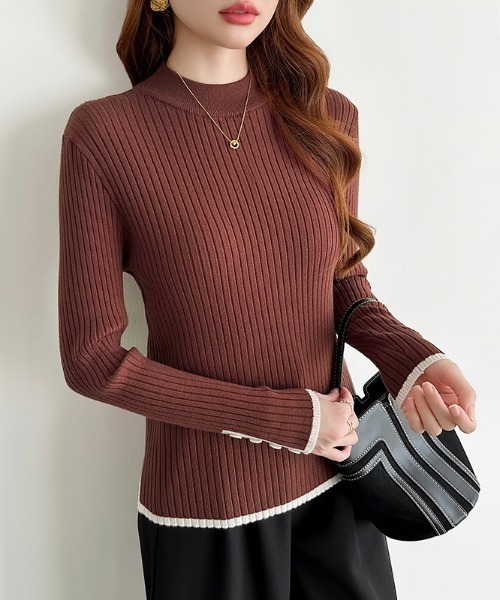 Paloma wool ベージュ ボタン付き 長袖ニットセーター アロッタ Alotta 洗える！もっちりタッチバイカラー袖金ボタンニット