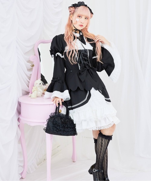 Save The Queen 刺繍黒長袖フリルワンピース 平成ギャル punk風 BODYLINE ワンピース 2way スカラップフリルの姫袖ワンピース 3点