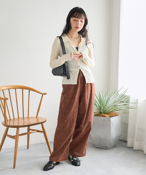 ワイドパンツ パンツ インド ラメドット刺繍 イージーパンツ「セットアップ対応」 レディースの画像