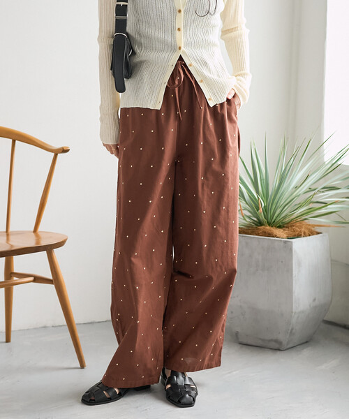 ワイドパンツ パンツ インド ラメドット刺繍 イージーパンツ「セットアップ対応」 レディースの画像
