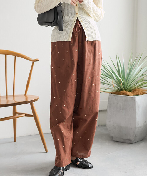 ワイドパンツ パンツ インド ラメドット刺繍 イージーパンツ「セットアップ対応」 レディースの画像