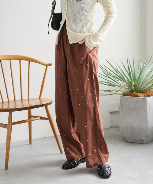 ワイドパンツ パンツ インド ラメドット刺繍 イージーパンツ「セットアップ対応」 レディースの画像