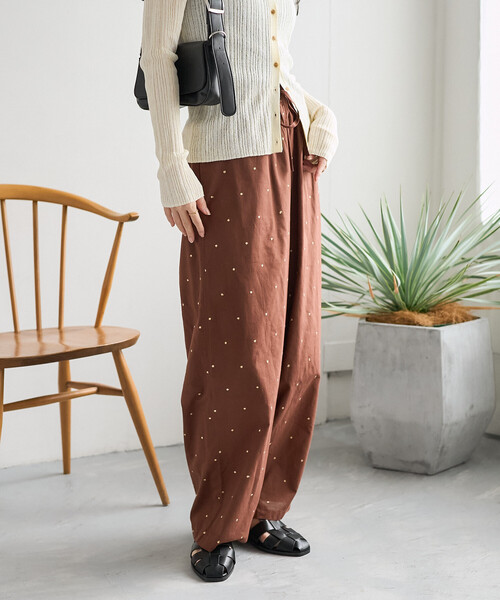 ワイドパンツ パンツ インド ラメドット刺繍 イージーパンツ「セットアップ対応」 レディースの画像