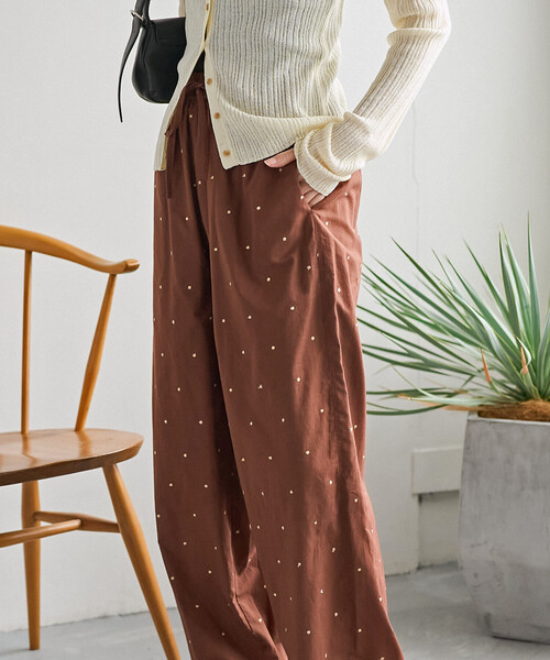 ワイドパンツ パンツ インド ラメドット刺繍 イージーパンツ「セットアップ対応」 レディースの画像